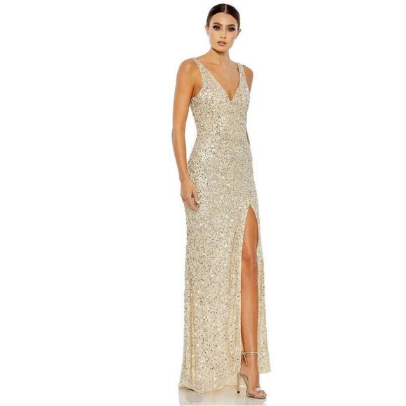 Mac Duggal Dresses & Skirts - Mac Duggal 1068 Sequins V-Neck Side Slit Gown Evening Dress 0 XS Gold Sleeveless
